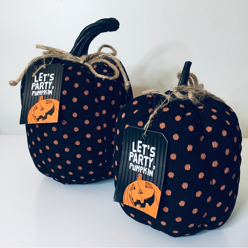 Set of 2 NEW Decorative Black & Orange Polka Dot Halloween Fall Fabric Pumpkins